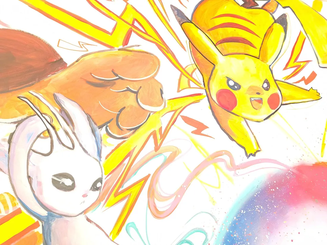 Fresque de Pikachu entouré d'éclairs jaunes